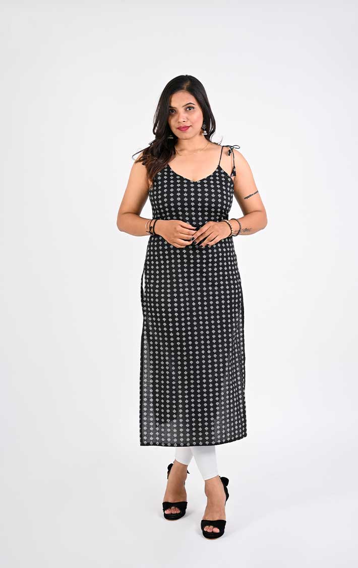 Womens Jaipuri Cotton Printed Straight Kurta Black Color