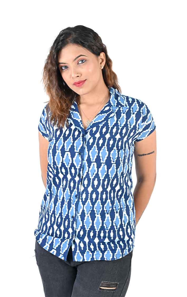 Womens Cotton Ajrakh Casual Shirts Blue Color