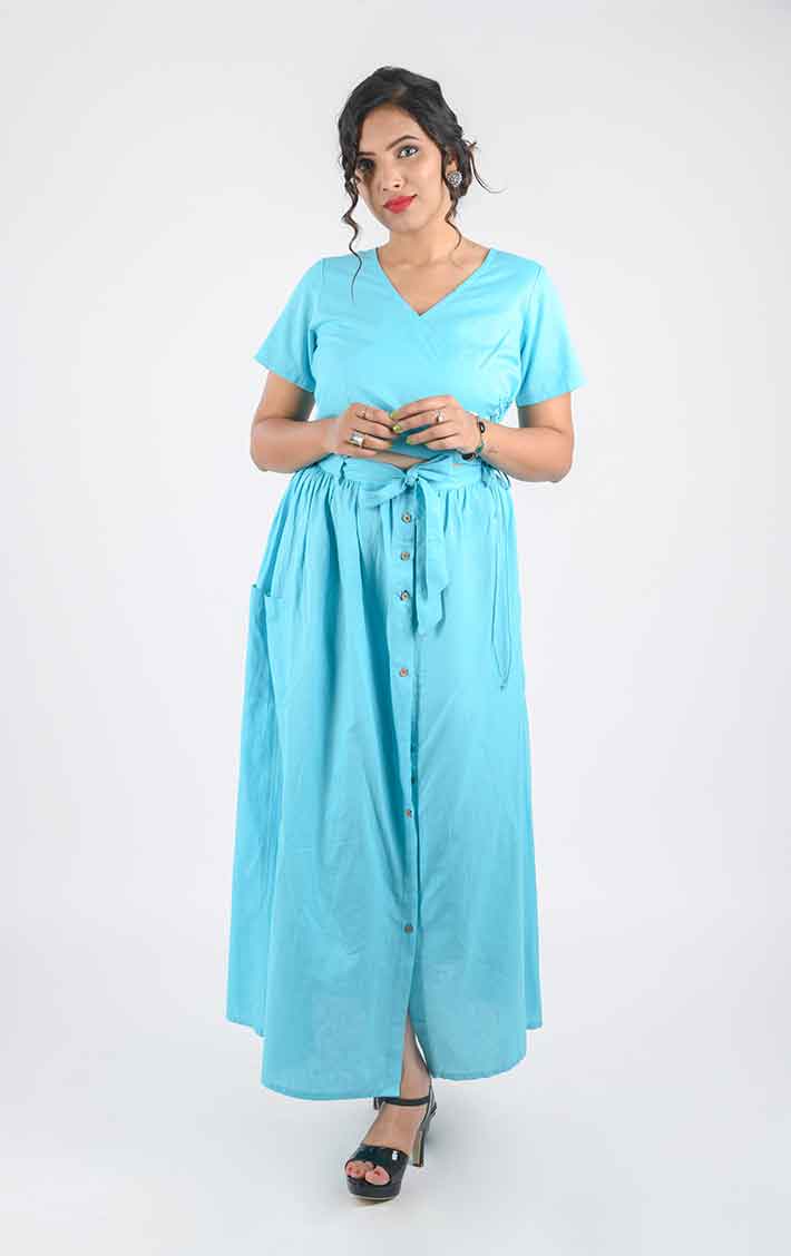 Womens Cotton Solid Button Down Skirts Sky Blue Color