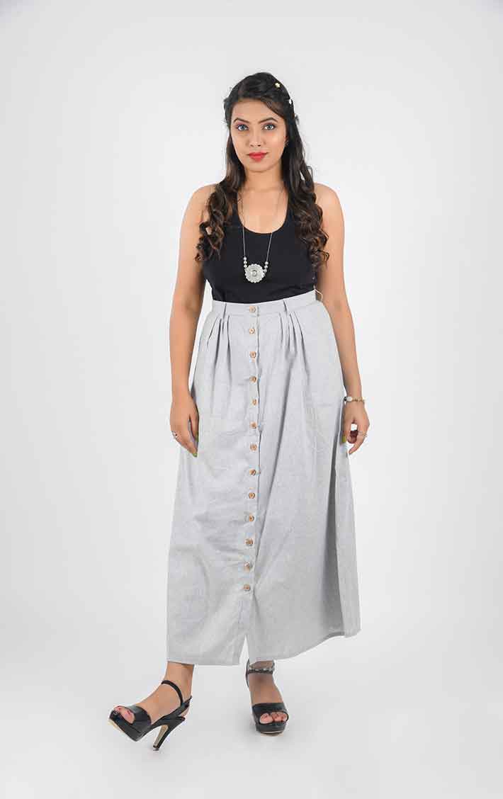 Womens Cotton Solid Button Down Skirts Gray Color